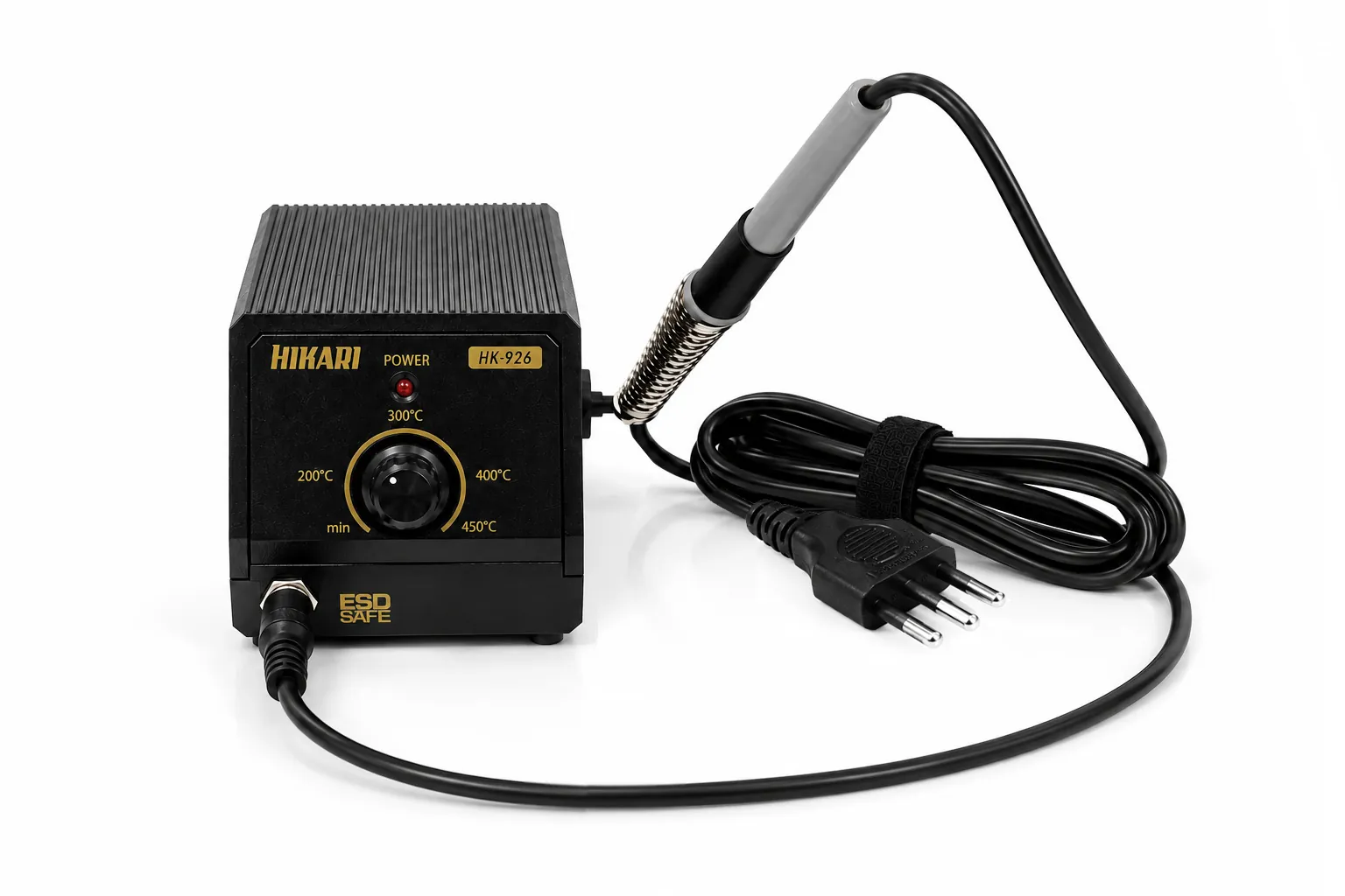 Foto real de catálogo Hikari HK-926 ESD, com botão analógico, ferro e suporte