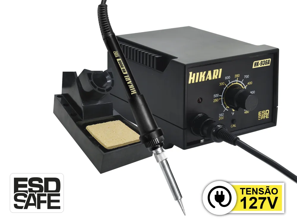 Foto de catálogo Hikari HK-936A com ferro, suporte, esponja e identificação de 127 V