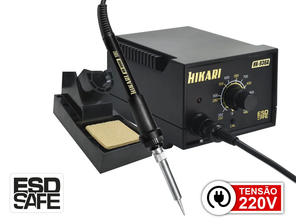 Foto de catálogo Hikari HK-936A com ferro, suporte, esponja e identificação de 220 V