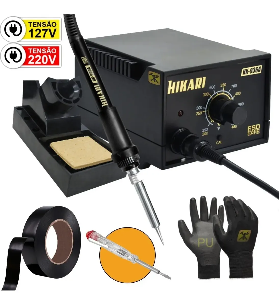 Hikari HK-936A com ferro HK-900A, suporte e acessórios anunciados pela Opção Parafusos