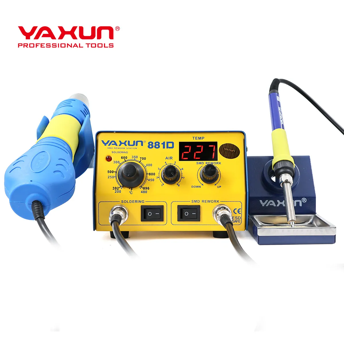 Yaxun YX-881D de frente, com soprador à esquerda, painel amarelo e ferro à direita